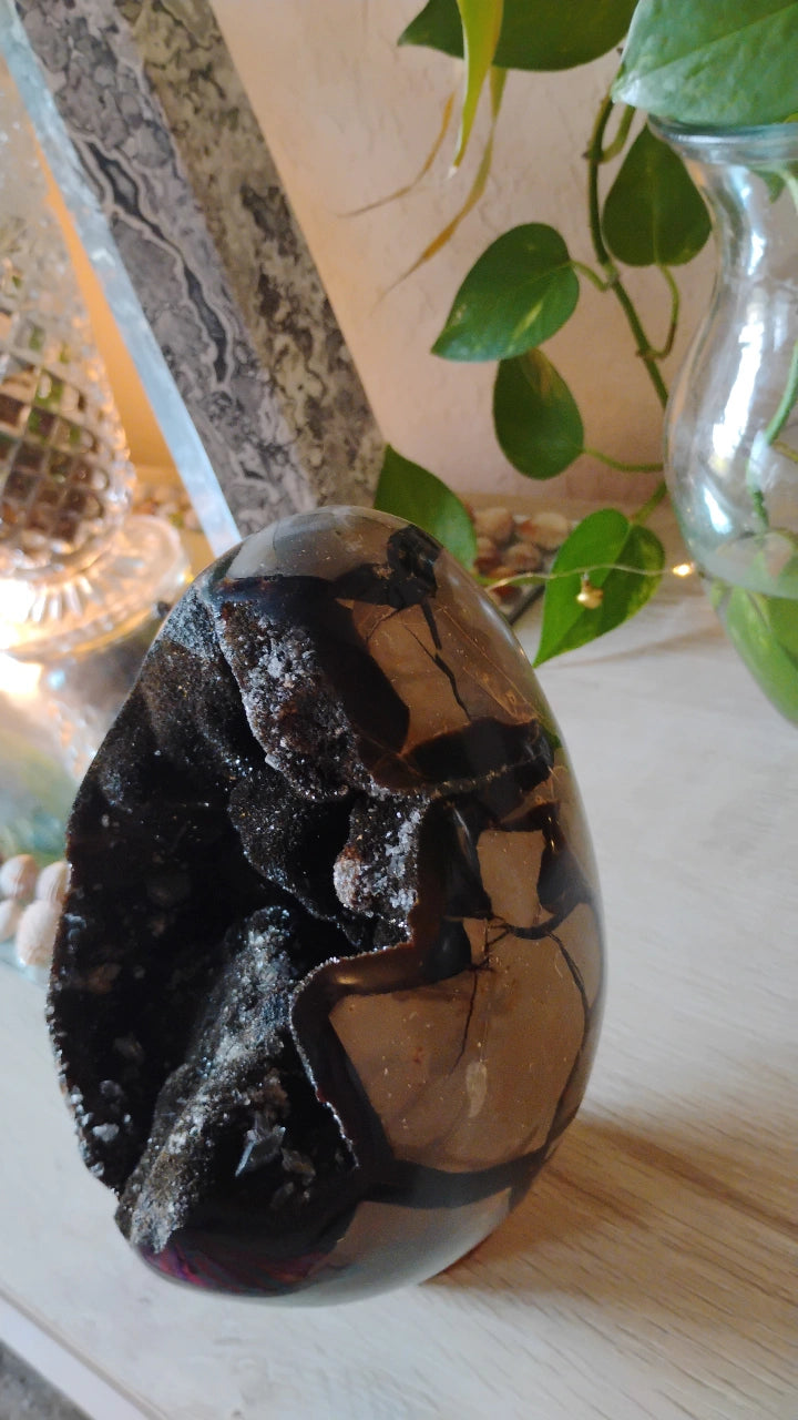 Large Septarian Dragon Egg Geode with clear Quartz Druzy