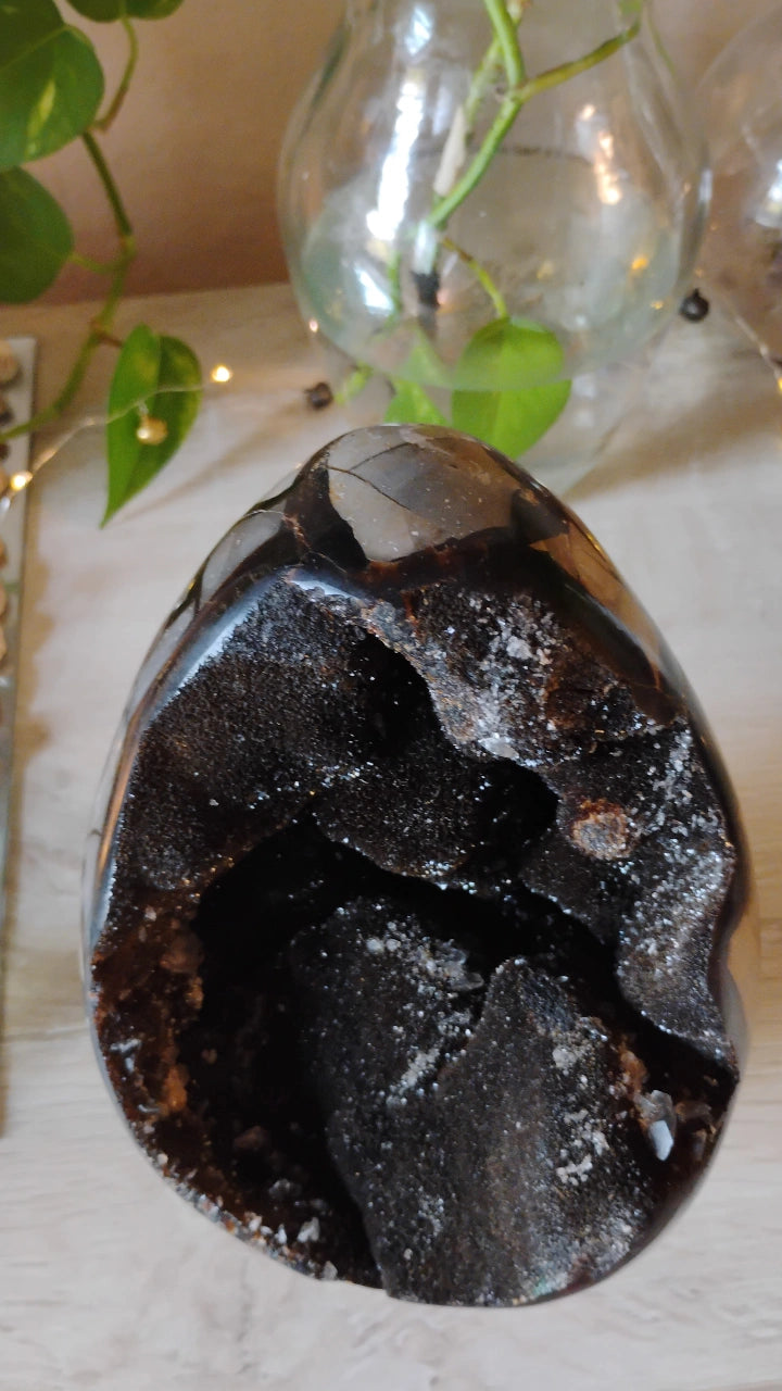 Large Septarian Dragon Egg Geode with clear Quartz Druzy