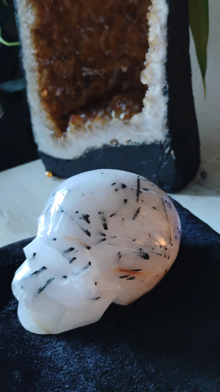 Black Tourmaline Milky Quartz Skull