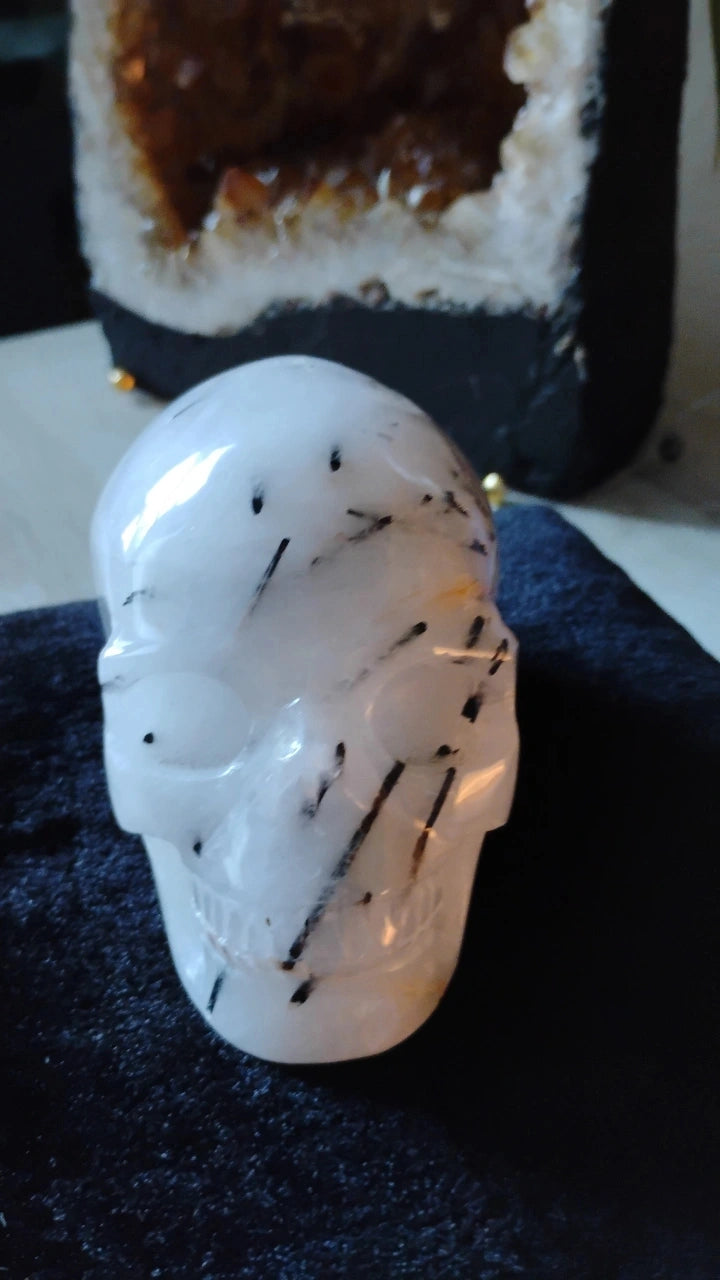 Black Tourmaline Milky Quartz Skull