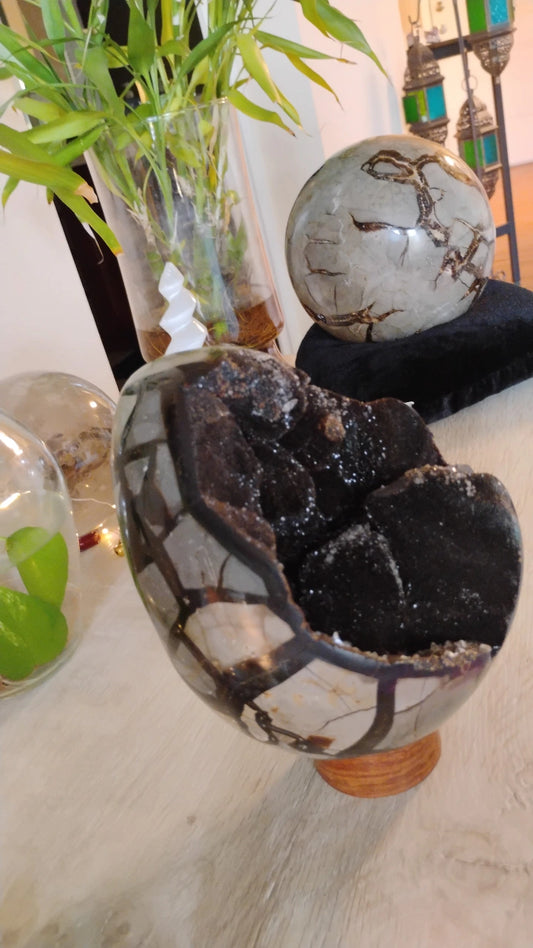 Large Septarian Dragon Egg Geode with clear Quartz Druzy