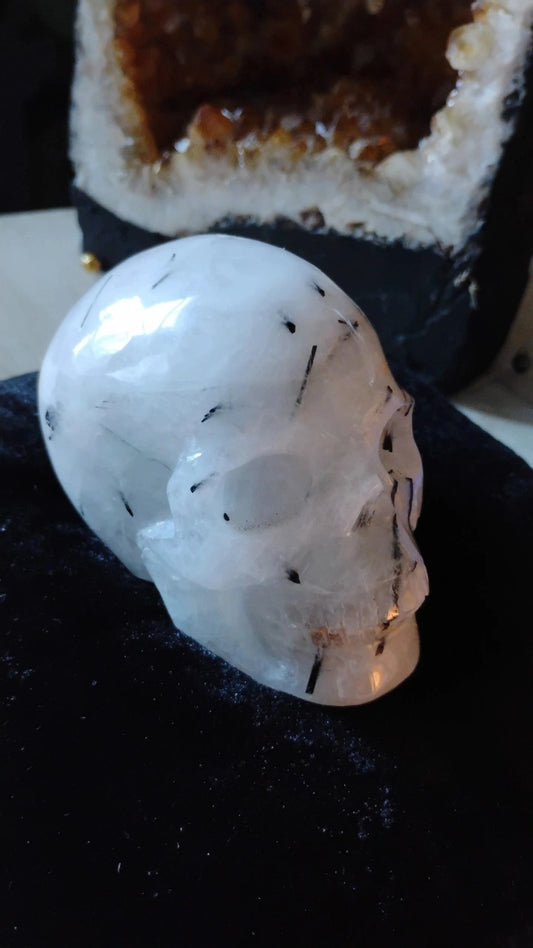 Black Tourmaline Milky Quartz Skull